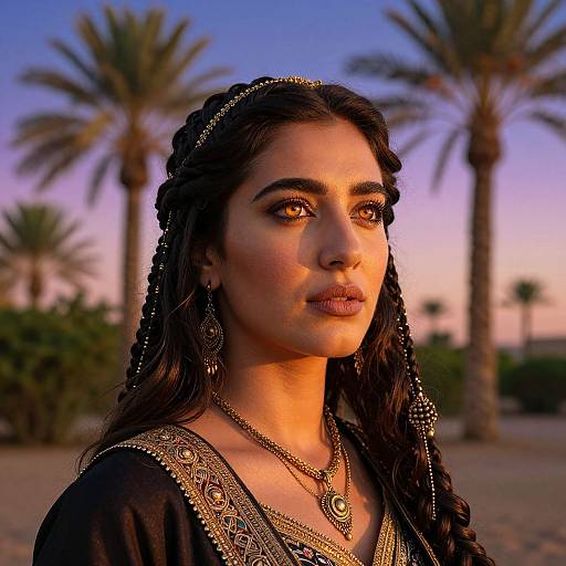 Photograph of a beautiful Middle Eastern woman with dark hair, adorned in traditional jewelry and black embroidered dress, set against a sunset palm tree backdrop.