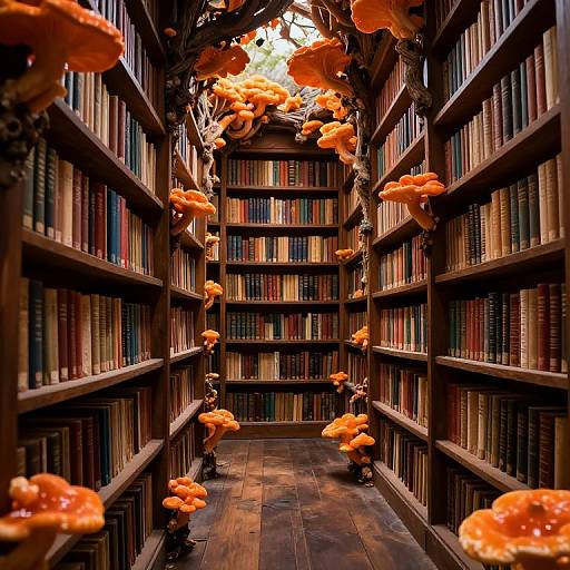 Mystical Library with Glowing Fungi