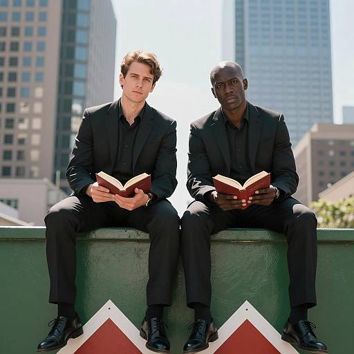 Men in Suits Reading on a Ledge