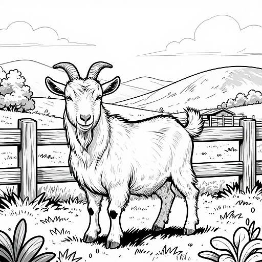 Black-and-white ink drawing of a goat with curved horns standing in a grassy field, behind a wooden fence with hills and trees in the background.
