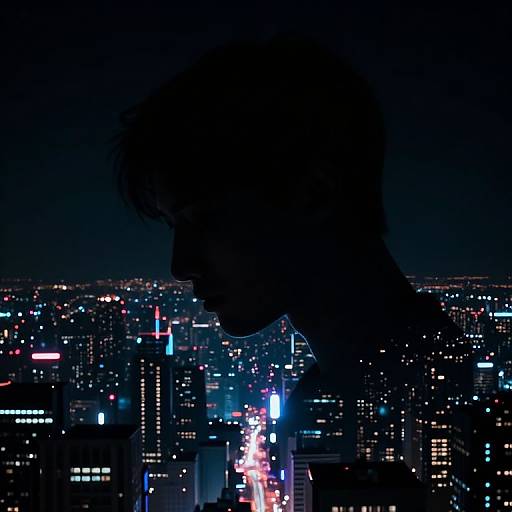 Silhouette of person with short hair against vibrant city skyline at night, illuminated with colorful lights and skyscrapers. Photograph.