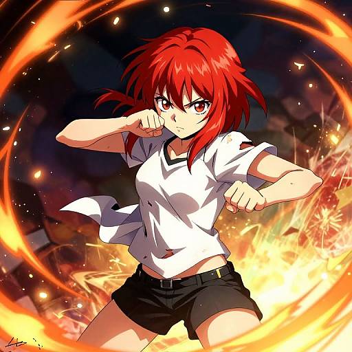 Digital anime-style drawing of a red-haired girl with intense red eyes, wearing a white tied-shirt and black shorts, punching forward amid swirling fiery orange and