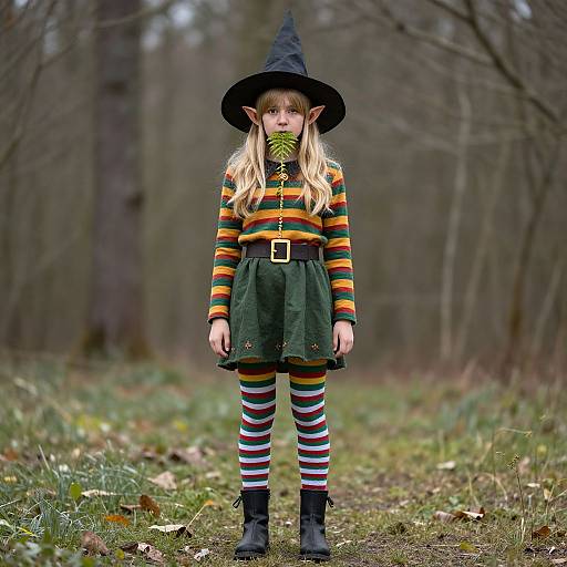 Photograph of a young girl in a witch costume with striped sweater, green skirt, striped leggings, black boots, and green mask, standing in a