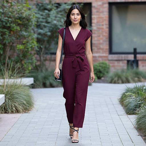 Photograph of an Asian woman with long black hair, wearing a deep maroon V-neck romper, black strappy sandals, and a black cross