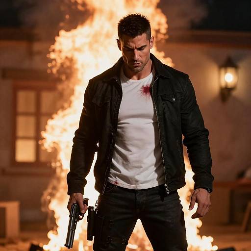 Blood-Stained Vigilante in Fiery Night