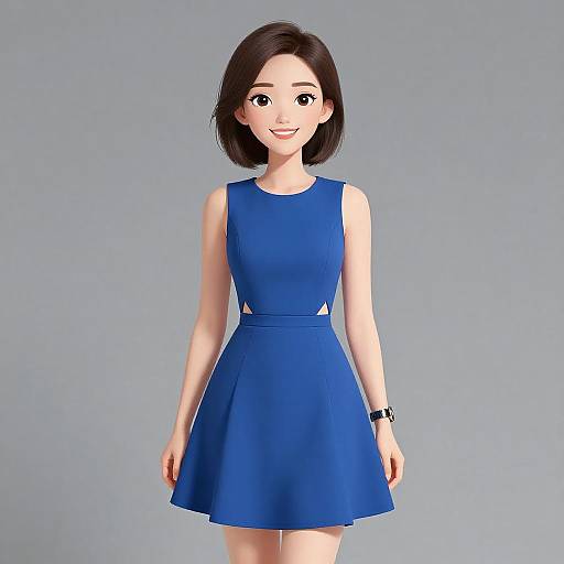 CGI image of a smiling East Asian woman with short black hair, wearing a sleeveless blue dress, black wristwatch, against a gray background.