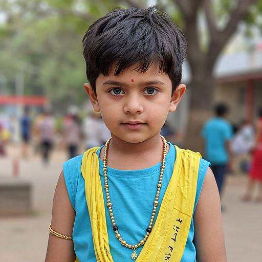 Photograph of a young Indian boy with black hair, blue shirt, yellow sash, bead necklace, and red bindi, standing outdoors with blurred