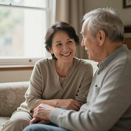 Photograph of a smiling middle-aged Asian woman with short black hair and an older Caucasian man with gray hair, both seated on a couch, engaging in