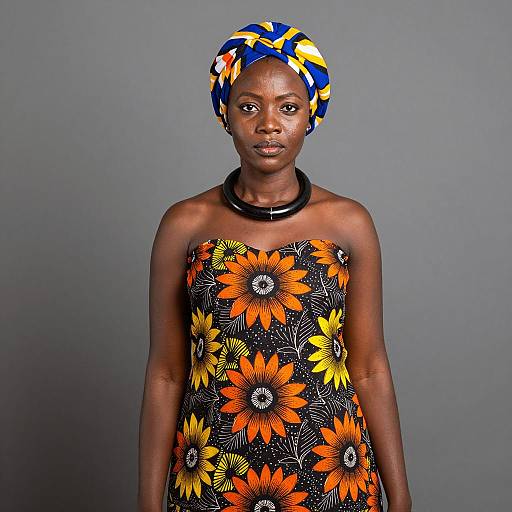 African Woman in Traditional Floral Dress and Colorful Headwrap