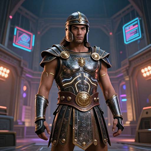 CGI image of a muscular, serious-looking male warrior with bronze armor, helmet, and gold accents, standing in a futuristic, neon-lit room