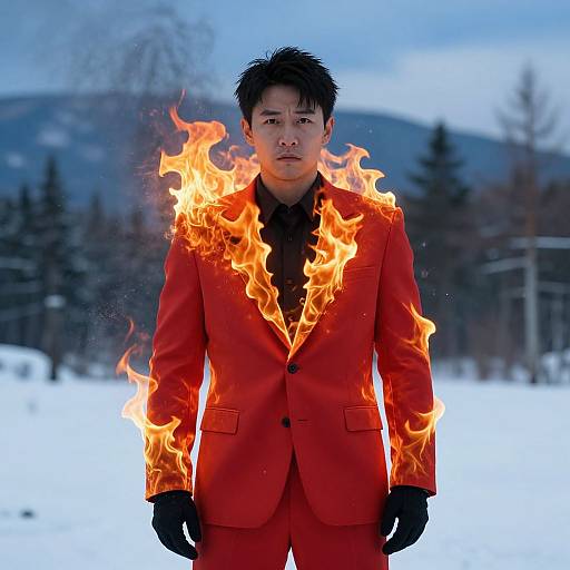 Photograph of an Asian man in a red suit with flames engulfing his shoulders, standing in a snowy outdoor setting.