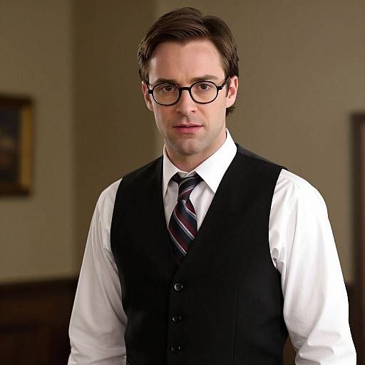 Photograph of a young, white man with short brown hair, black-rimmed glasses, wearing a white shirt, black vest, and striped tie