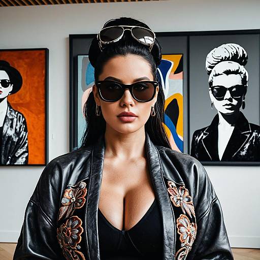 Woman in Embroidered Leather Jacket with Sunglasses