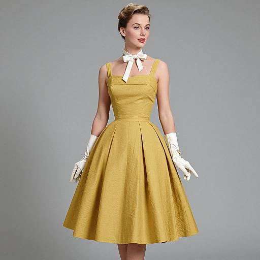 Photograph of a woman in a vintage-style, mustard-yellow, sleeveless dress with a white bow, white gloves, and short brown hair. Gray