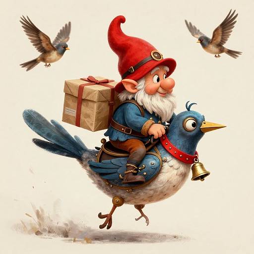 Whimsical digital illustration of a rosy-cheeked gnome in a red hat, blue tunic, riding a blue bird with a bell,