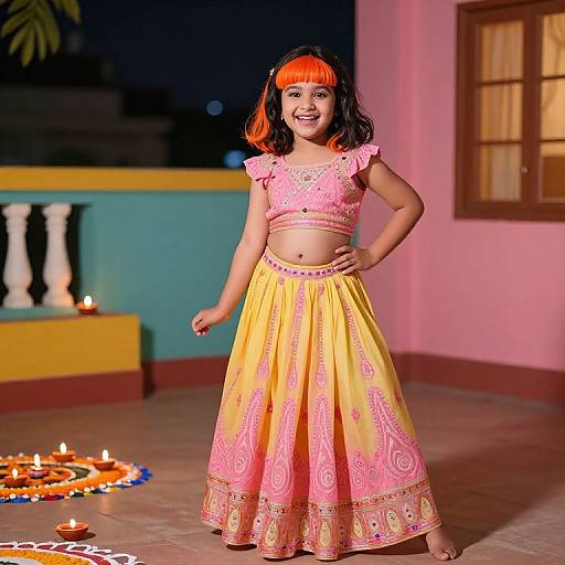 Photograph of a smiling young girl with orange and black hair, wearing a pink and yellow embroidered traditional outfit, standing on a tiled balcony at night with