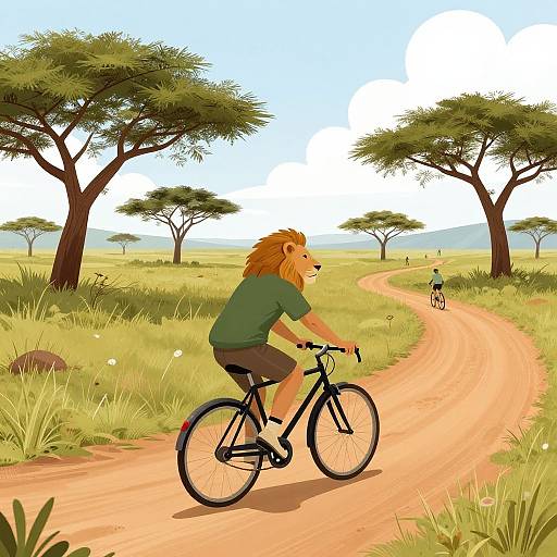 Digital illustration of an anthropomorphic lion in a green shirt and brown shorts riding a bicycle on a dirt path in a savanna with acacia trees and