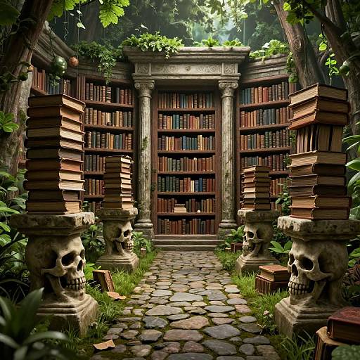 Photorealistic CGI of a mossy, cobblestone path leading to an ancient stone-pillared bookshelf, flanked by skull-topped stone
