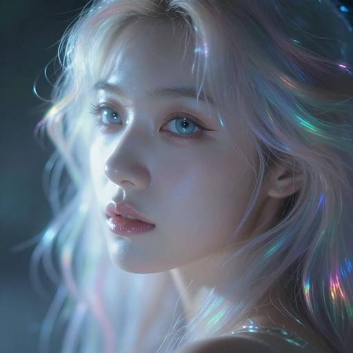 Digital artwork of a young woman with glowing, iridescent hair and blue eyes, illuminated by a bright, ethereal light. Her expression is calm
