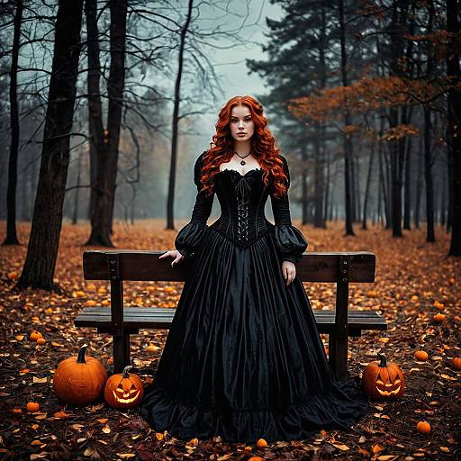 Woman in Victorian Dress with Halloween Pumpkins