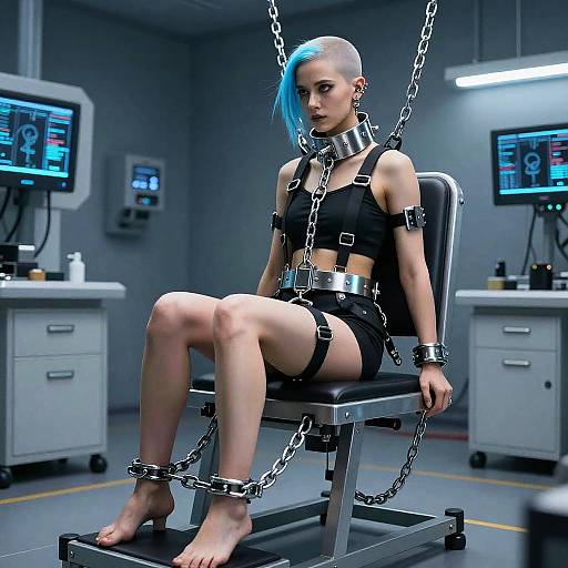 Digital CGI of a pale-skinned, blue-haired woman with a shaved side, wearing black leather bondage gear and chains, sitting on a metal chair in