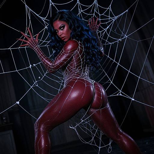 Photograph of a dark-skinned woman with long black hair, wearing a shimmering red fishnet bodysuit, posing in a spider web against