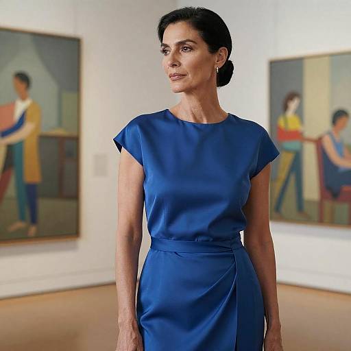 Photograph of a middle-aged woman with dark hair in a neat bun, wearing a royal blue, short-sleeved, satin dress, standing in