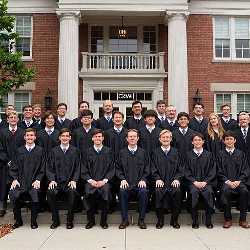 Photograph of a diverse group of 25 law school graduates in black robes, standing and sitting in front of a brick building with white columns and a