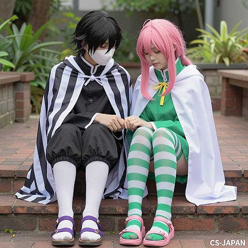 Cosplayers Embrace in Outdoor Garden