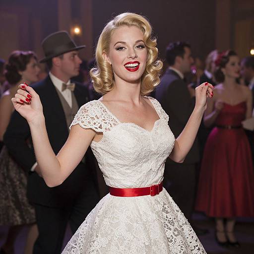 Photograph of a blonde woman in a white lace dress with red belt, red lipstick, and curled hair, dancing at a vintage-style ballroom party