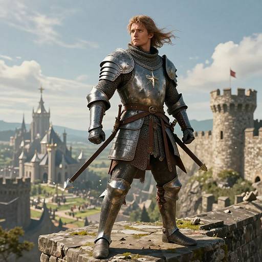 Photorealistic CGI of a tall, blonde, armored knight standing on a castle parapet, overlooking a medieval castle and towers. Bright daylight,