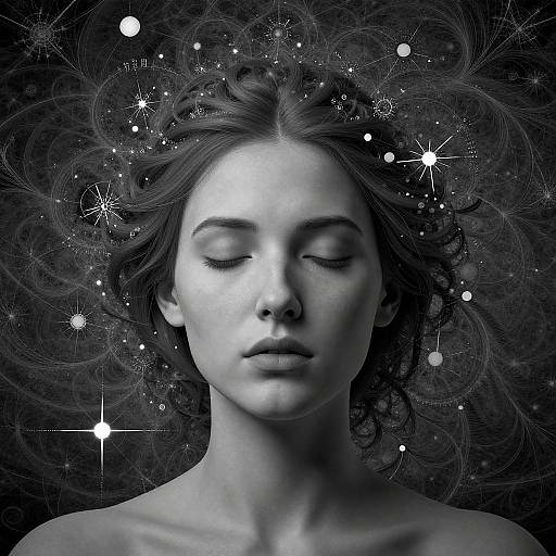 Black-and-white digital portrait of a serene woman with closed eyes, surrounded by swirling cosmic patterns and twinkling stars.