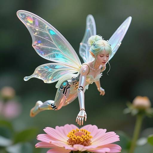 Digital artwork: A fairy with iridescent wings and cybernetic arms hovers over a pink flower, set against a green, blurred garden background
