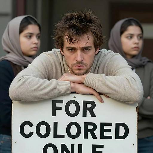 Man Leaning on Segregation Sign with Two Women in Headscarves