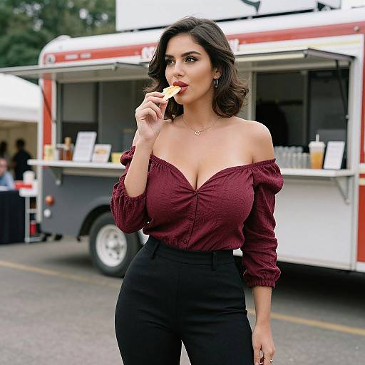 Photograph of a curvy woman with dark hair, wearing a maroon off-shoulder blouse and black pants, licking an ice cream cone in