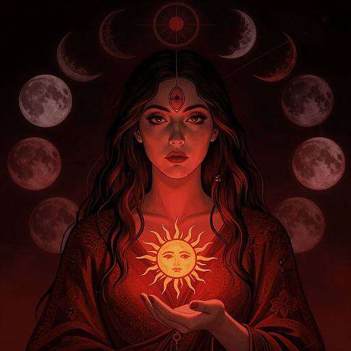 Digital art of a red-lit, long-haired woman with a third eye, holding a glowing sun, surrounded by moons against a dark background.