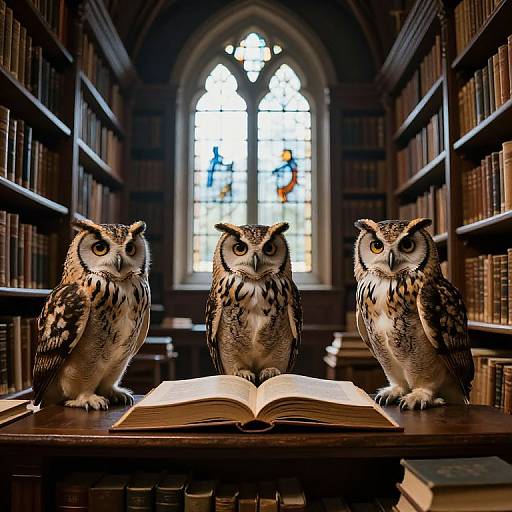 Photograph of three realistic owls with brown and white feathers, standing on a library table with an open book, in front of a stained glass window