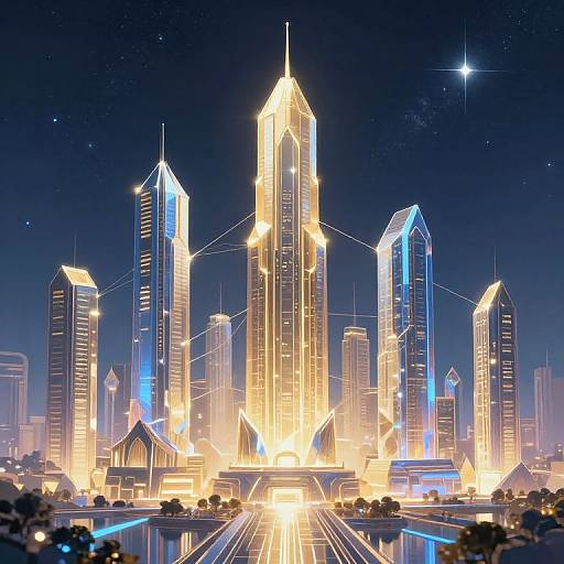 Digital illustration of a futuristic cityscape at night, featuring illuminated skyscrapers with neon blue and yellow lights, against a starry sky. Central tower