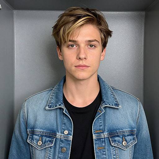 Photograph of a young Caucasian man with light skin, brown and blonde highlighted hair, wearing a blue denim jacket over a black shirt, standing against a