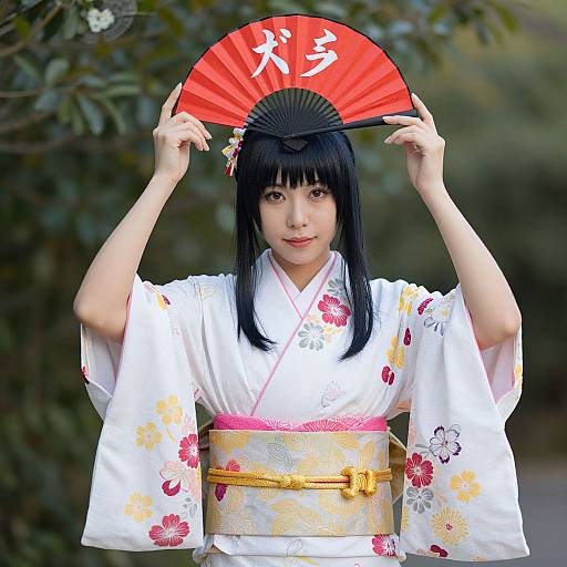 Photograph of an Asian woman with black hair, wearing a white floral kimono, holding a red folding fan with white Japanese characters, outdoors with green