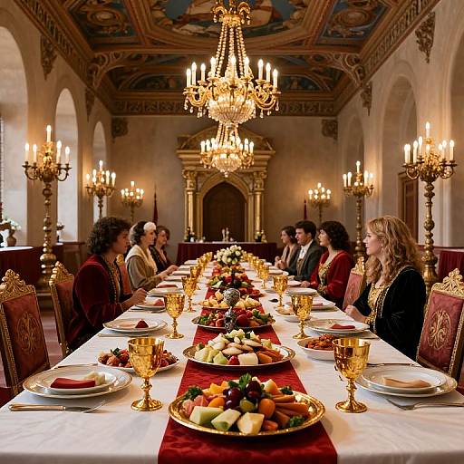 Elegant banquet hall with ornate chandeliers, richly dressed guests, long table adorned with fruit, golden goblets, and red runner.