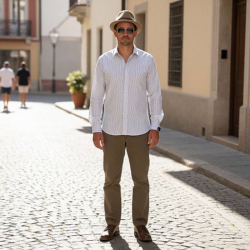 Photograph of a man in a white striped shirt, beige pants, brown shoes, and a straw hat standing on a sunlit cobblestone street