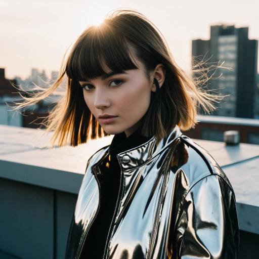 Fashion Model with Micro Bangs on Urban Rooftop