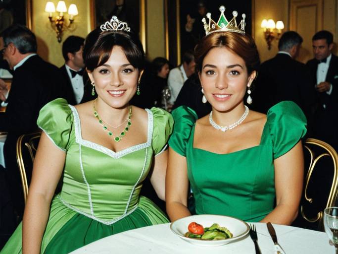 Two Women in Green Dresses and Tiaras at Formal Dinner