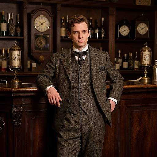 Photograph of a serious young man with short brown hair, wearing a black textured three-piece suit and bow tie, leaning on a dark wooden bar,