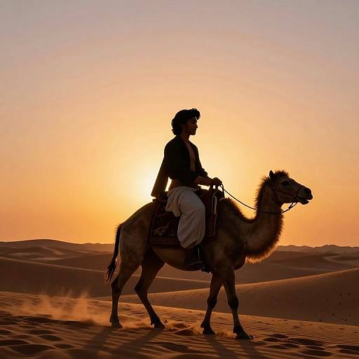 Silhouetted rider on camel at sunset in desert, with golden-orange sky, sand dunes, and dust trailing behind the camel. Photograph.