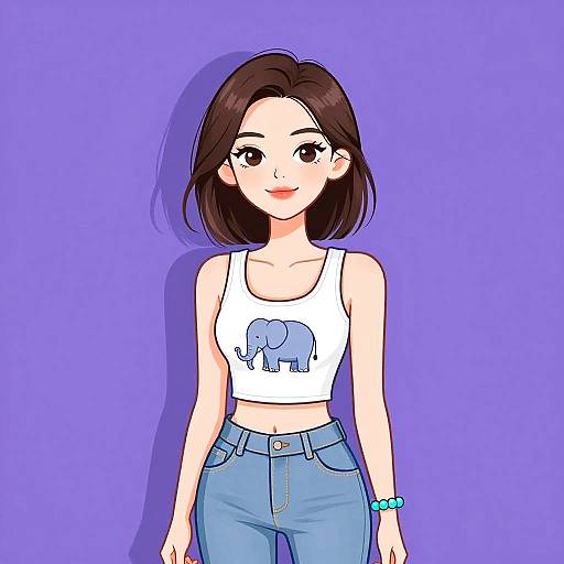Digital anime-style drawing of a smiling young woman with short brown hair, wearing a white tank top with a blue elephant print, blue jeans, and a