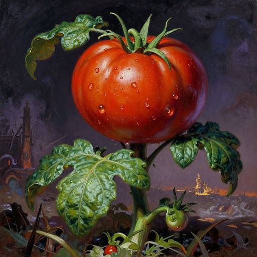 Hyper-realistic digital painting of a large, glistening red tomato with water droplets, surrounded by green leaves, against a dark, surreal cityscape