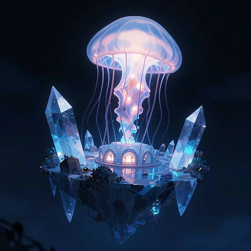 Bioluminescent Jellyfish Cathedral on Floating Ice Prism