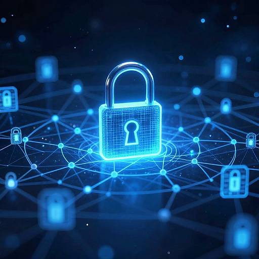 Digital illustration of a glowing blue padlock centered on a network of interconnected nodes, surrounded by smaller blue padlocks, all set against a dark, star